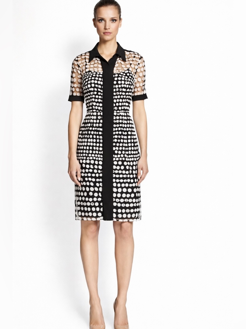 Kay Unger Polka Dot Collared Shirt Dress Black White Layered Slip Dress Sheer 10